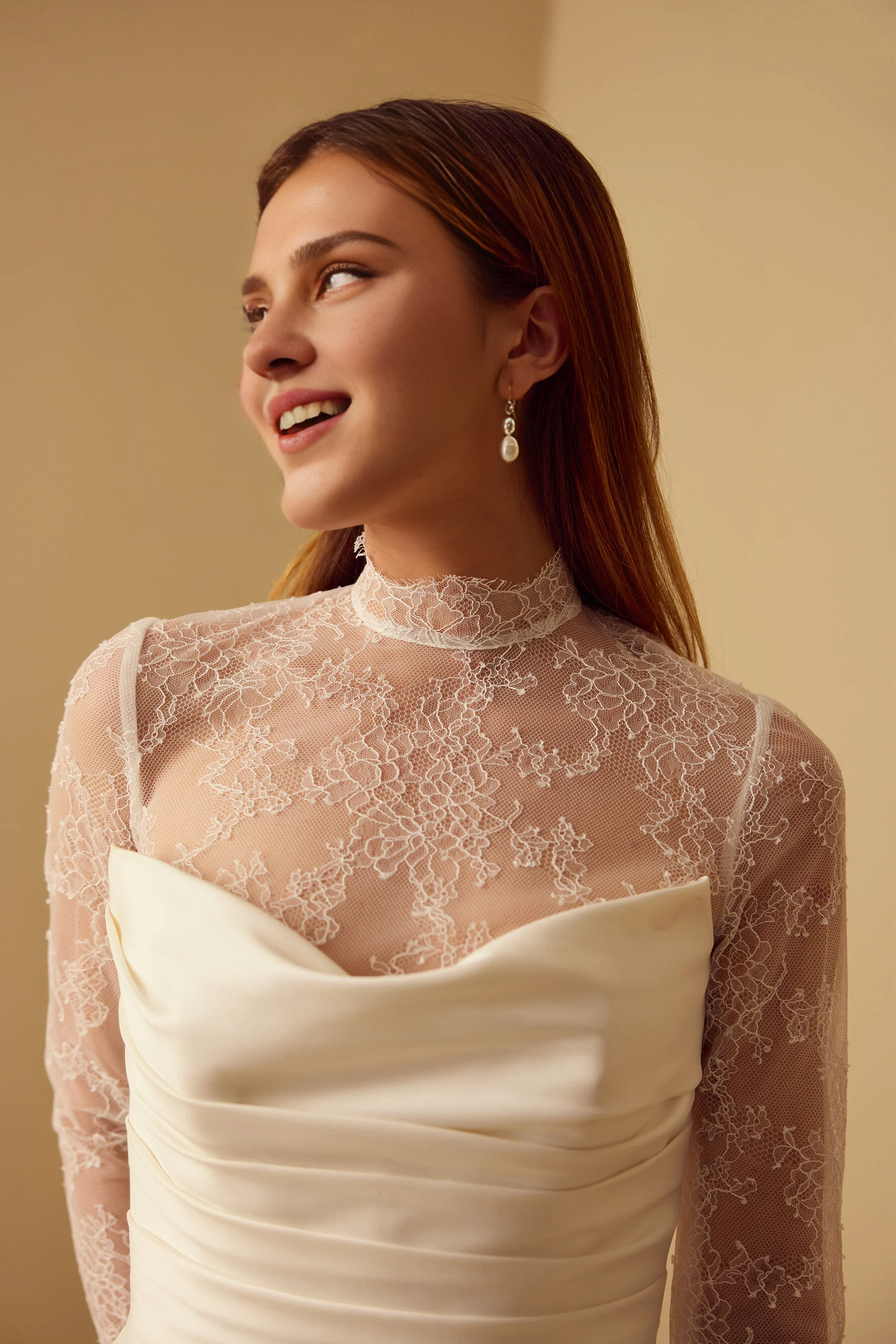 Weitese Formal Wear Dresses Long Sleeves Half Hight Neck Lace Bodysuit  A-line Floor Length Wedding Dress With Train