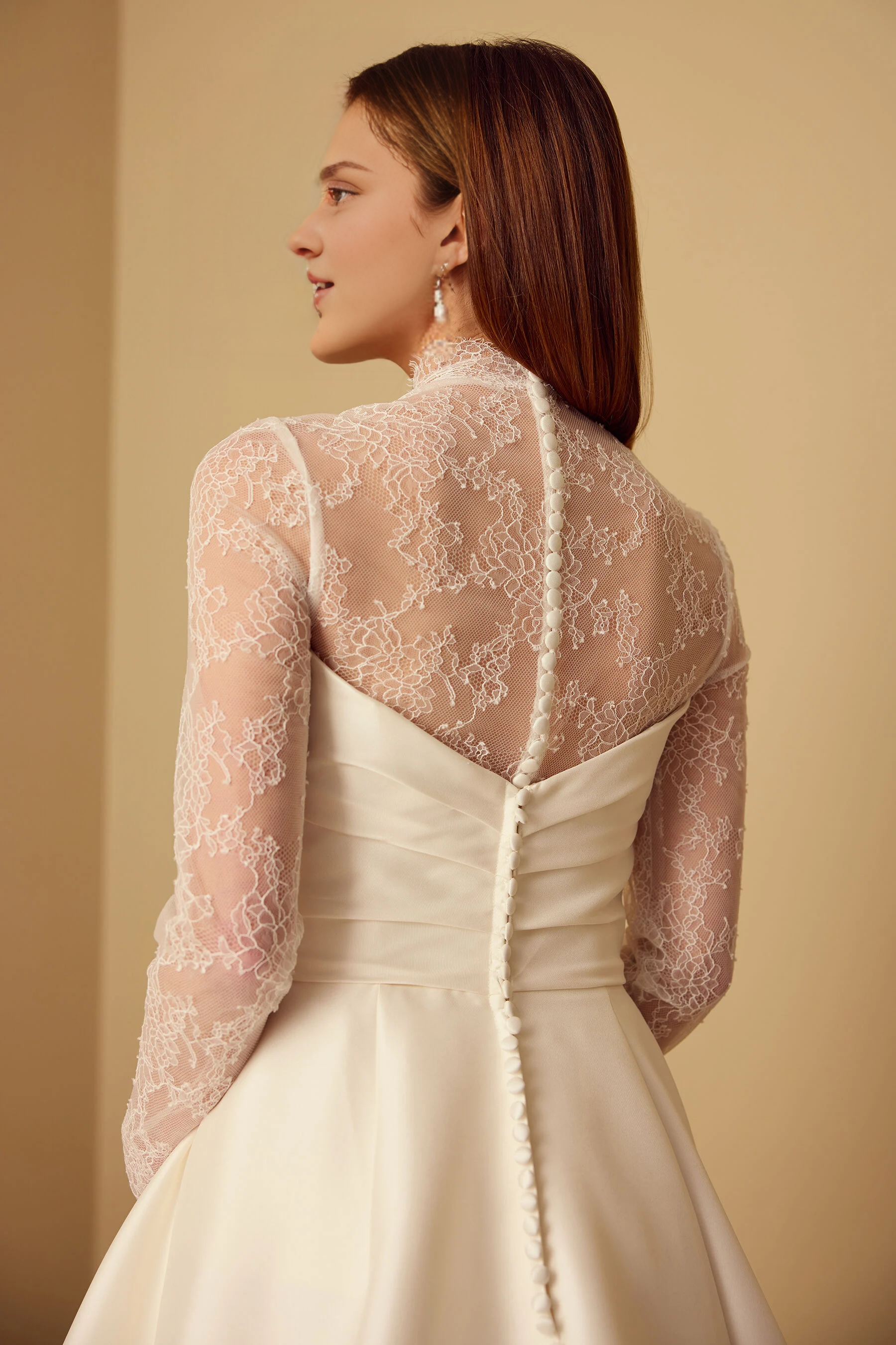 Weitese Formal Wear Dresses Long Sleeves Half Hight Neck Lace Bodysuit  A-line Floor Length Wedding Dress With Train