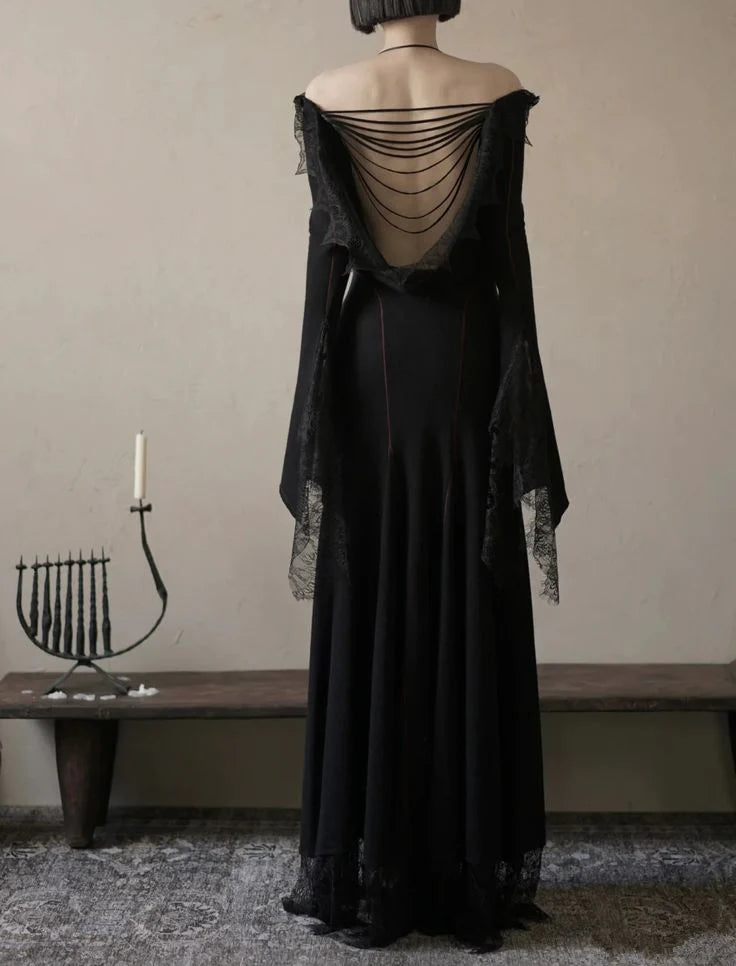 Weitese Dress Prom Dress Stores Black Gothic Long Sleeves Lace Halter Backless Long Party Dress Formal Dresses