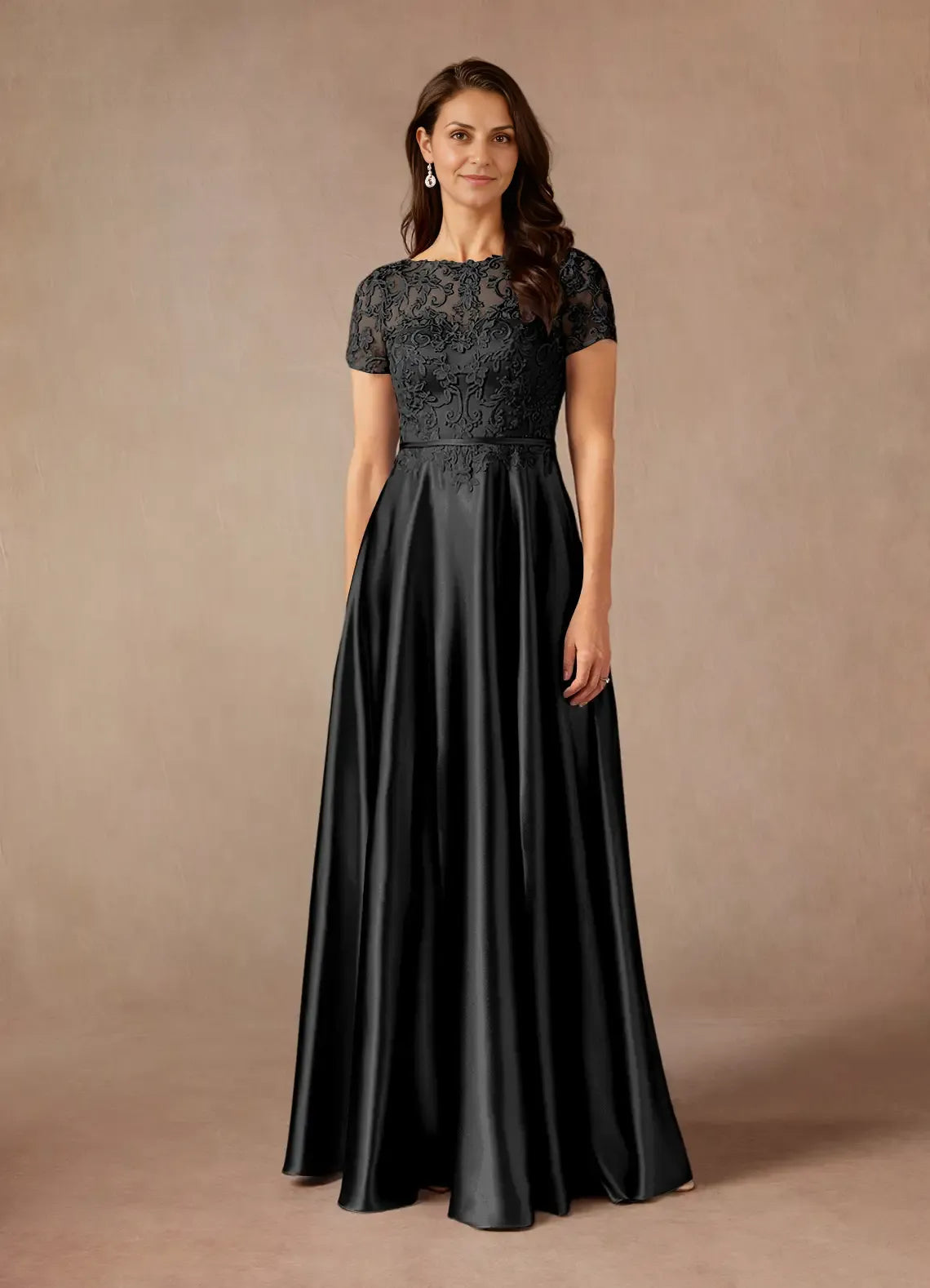 Weitese Dress Simple Black A-Line Lace Satin Dress Floor-Length Short Sleeve Keyhole Back Illusion Neck Mother of the Bride Dress