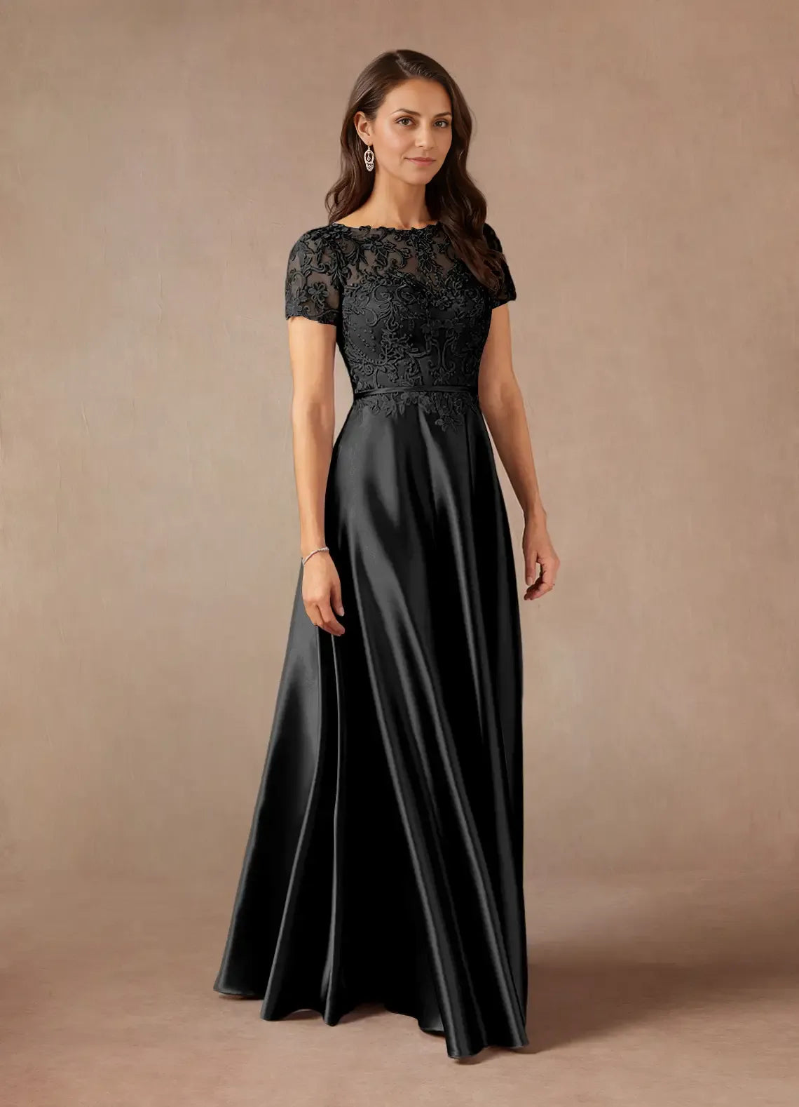 Weitese Dress Simple Black A-Line Lace Satin Dress Floor-Length Short Sleeve Keyhole Back Illusion Neck Mother of the Bride Dress