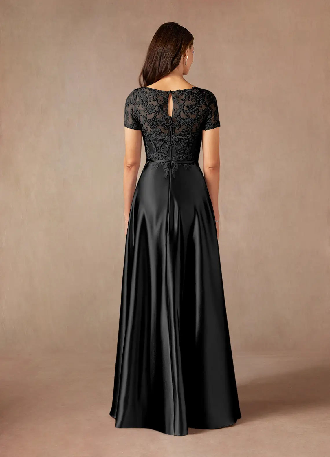 Weitese Dress Simple Black A-Line Lace Satin Dress Floor-Length Short Sleeve Keyhole Back Illusion Neck Mother of the Bride Dress