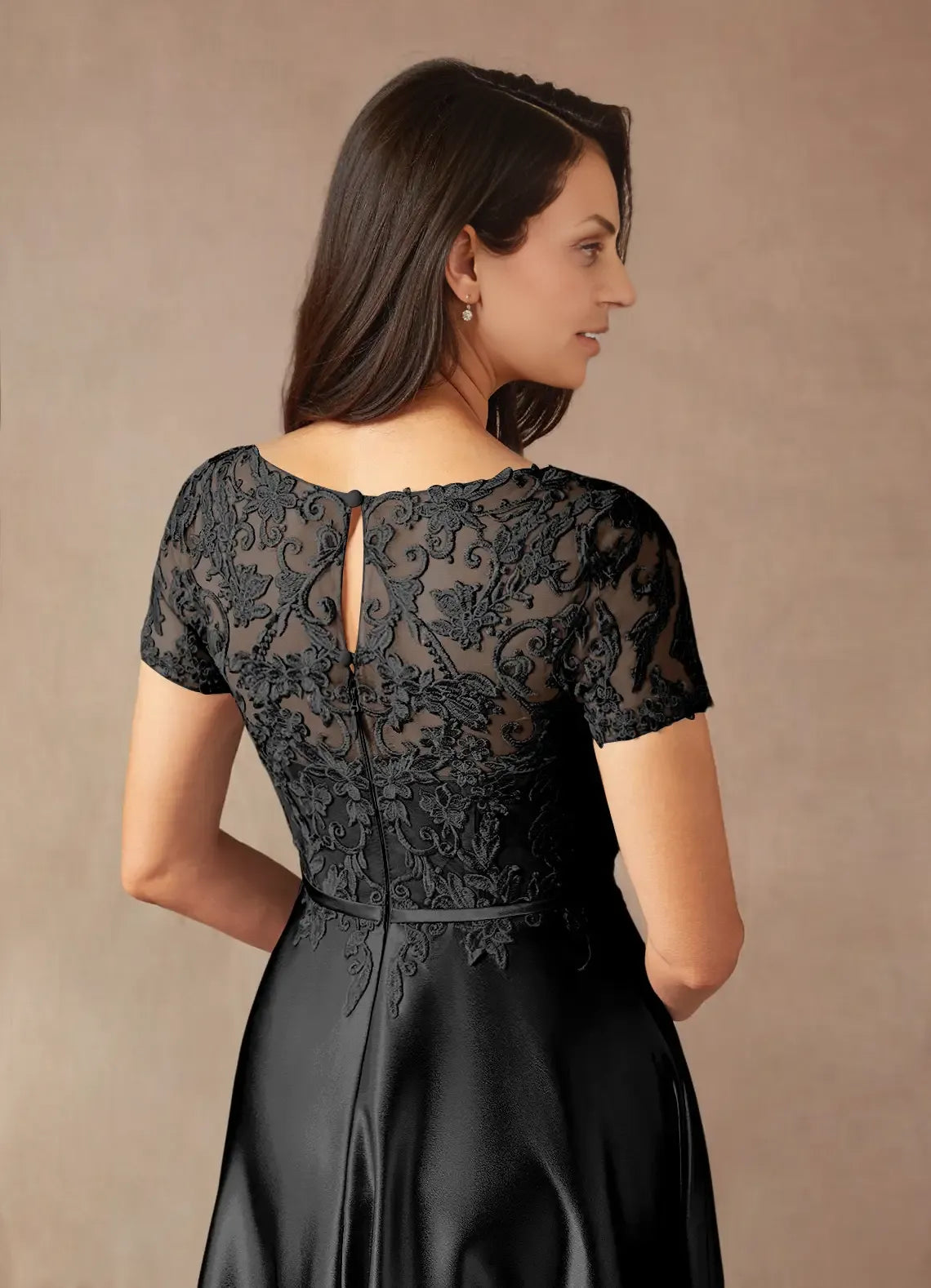 Weitese Dress Simple Black A-Line Lace Satin Dress Floor-Length Short Sleeve Keyhole Back Illusion Neck Mother of the Bride Dress