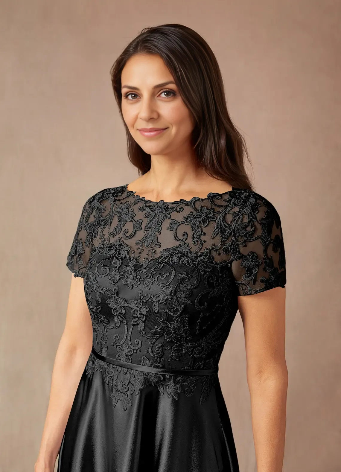 Weitese Dress Simple Black A-Line Lace Satin Dress Floor-Length Short Sleeve Keyhole Back Illusion Neck Mother of the Bride Dress