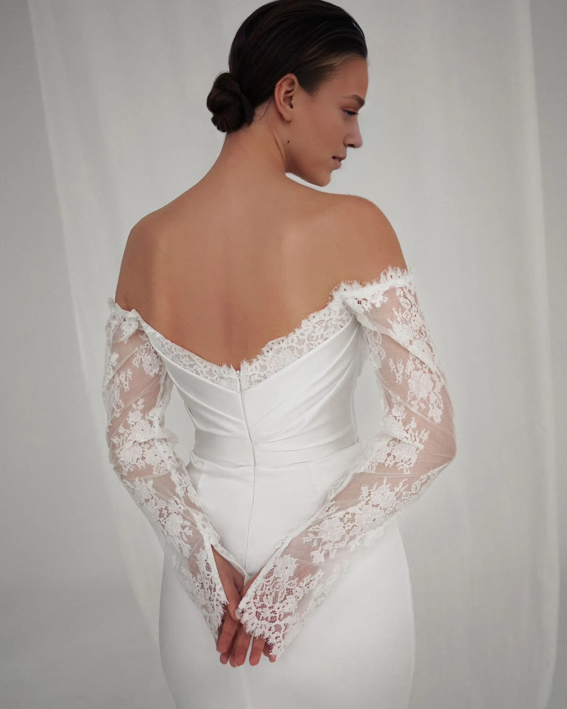 Lace Satin Mermaid Wedding Dress Gorgeous Fitted Bridal Gown Romantic Floral Lace Off Shoulder Corset Open Back Long Sleeves Wedding Dress