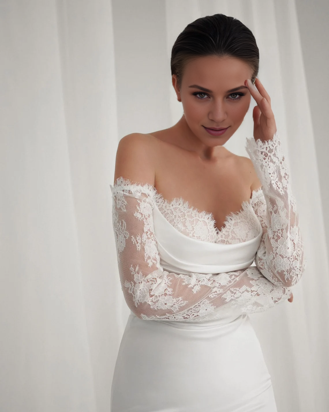 Lace Satin Mermaid Wedding Dress Gorgeous Fitted Bridal Gown Romantic Floral Lace Off Shoulder Corset Open Back Long Sleeves Wedding Dress