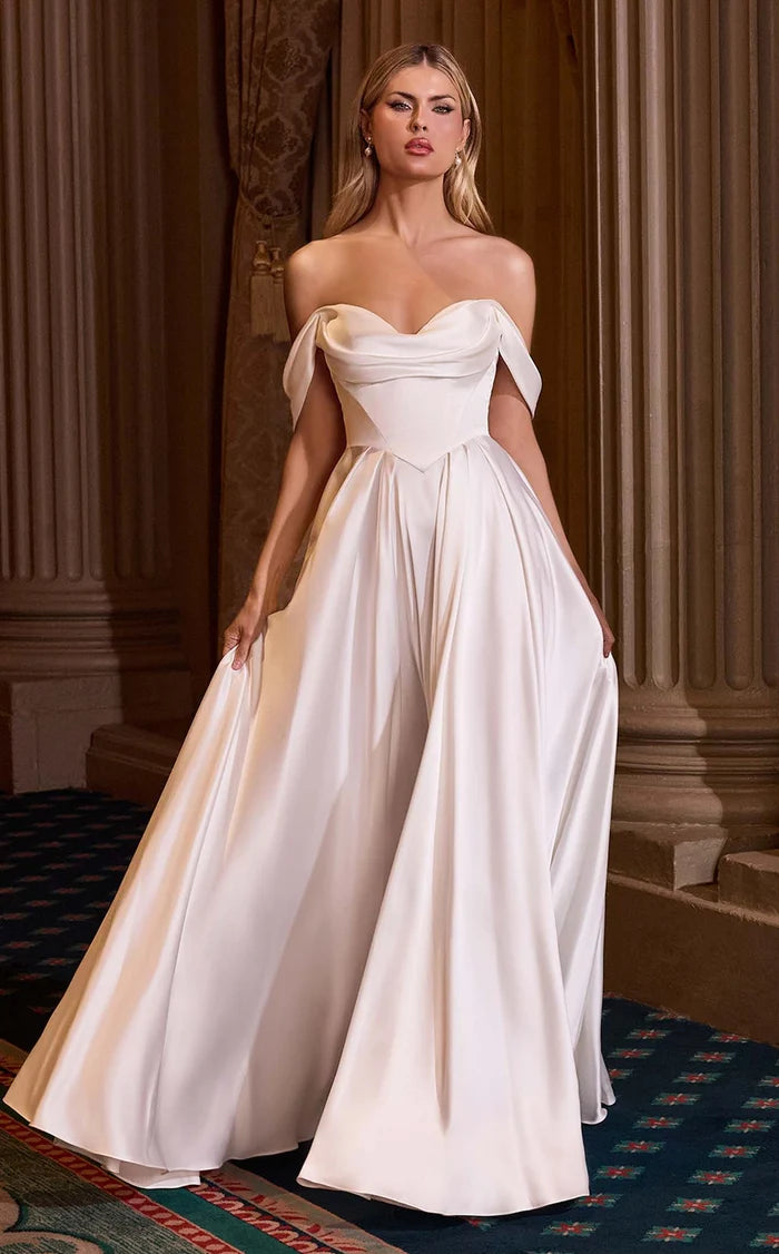 Ivory Satin A-Line Off-the-Shoulder Lace-Up Back Floor-Length Dress