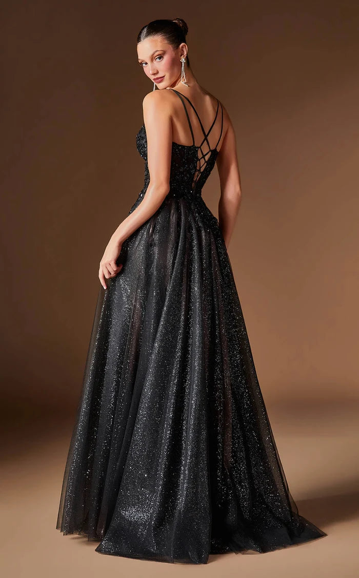 Black Glitter Tulle A-Line V-Neck Lace-Up Back Floor-Length Dress