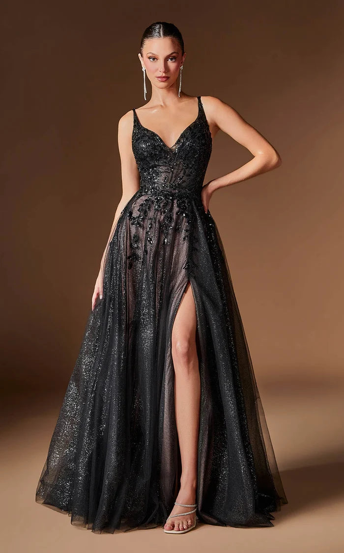 Black Glitter Tulle A-Line V-Neck Lace-Up Back Floor-Length Dress