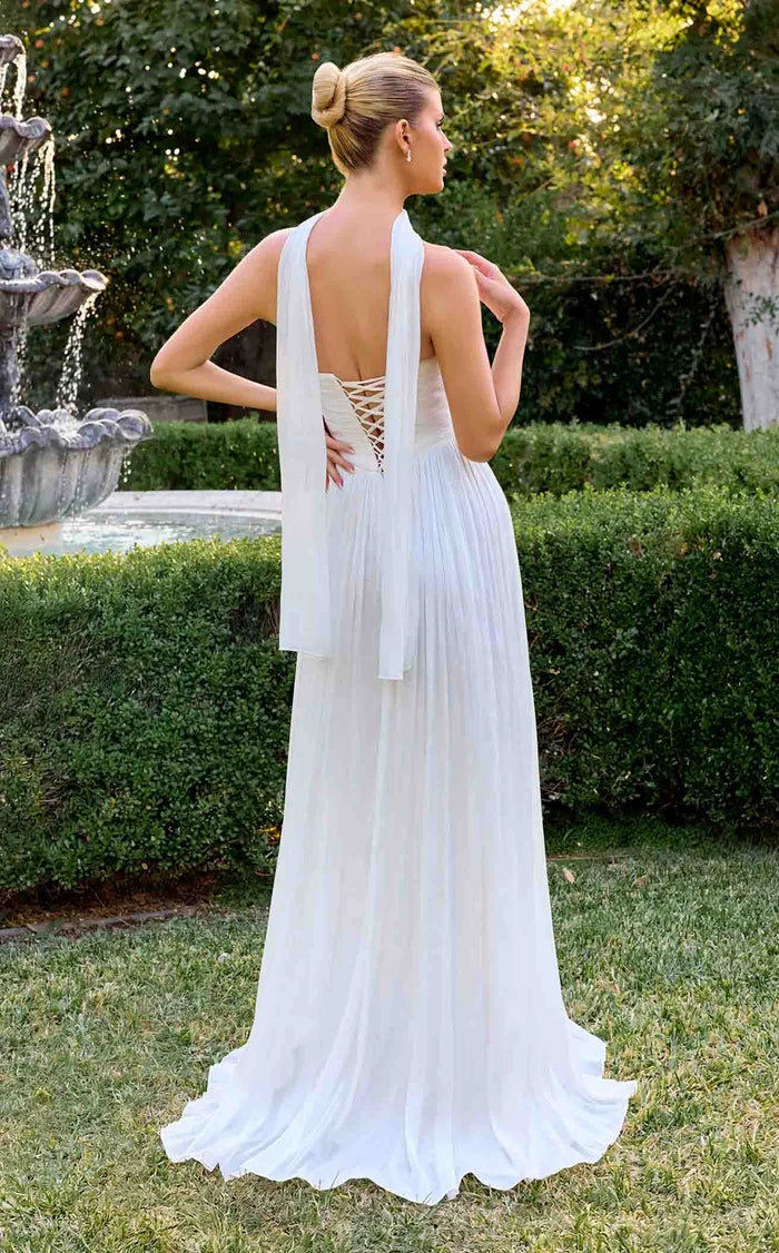 White Chiffon A-Line Sweetheart Lace-Up Back Floor-Length Dress