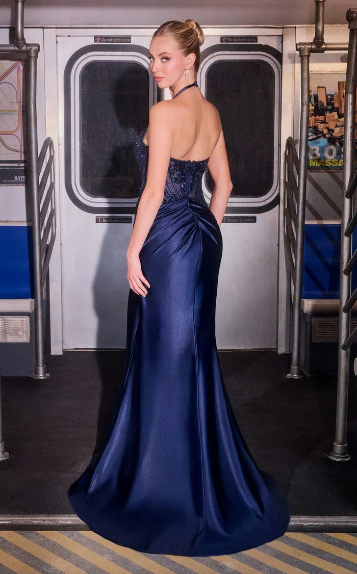 Dark Navy Satin and Mesh Sheath Halter Neck Open Back Floor-Length Dress
