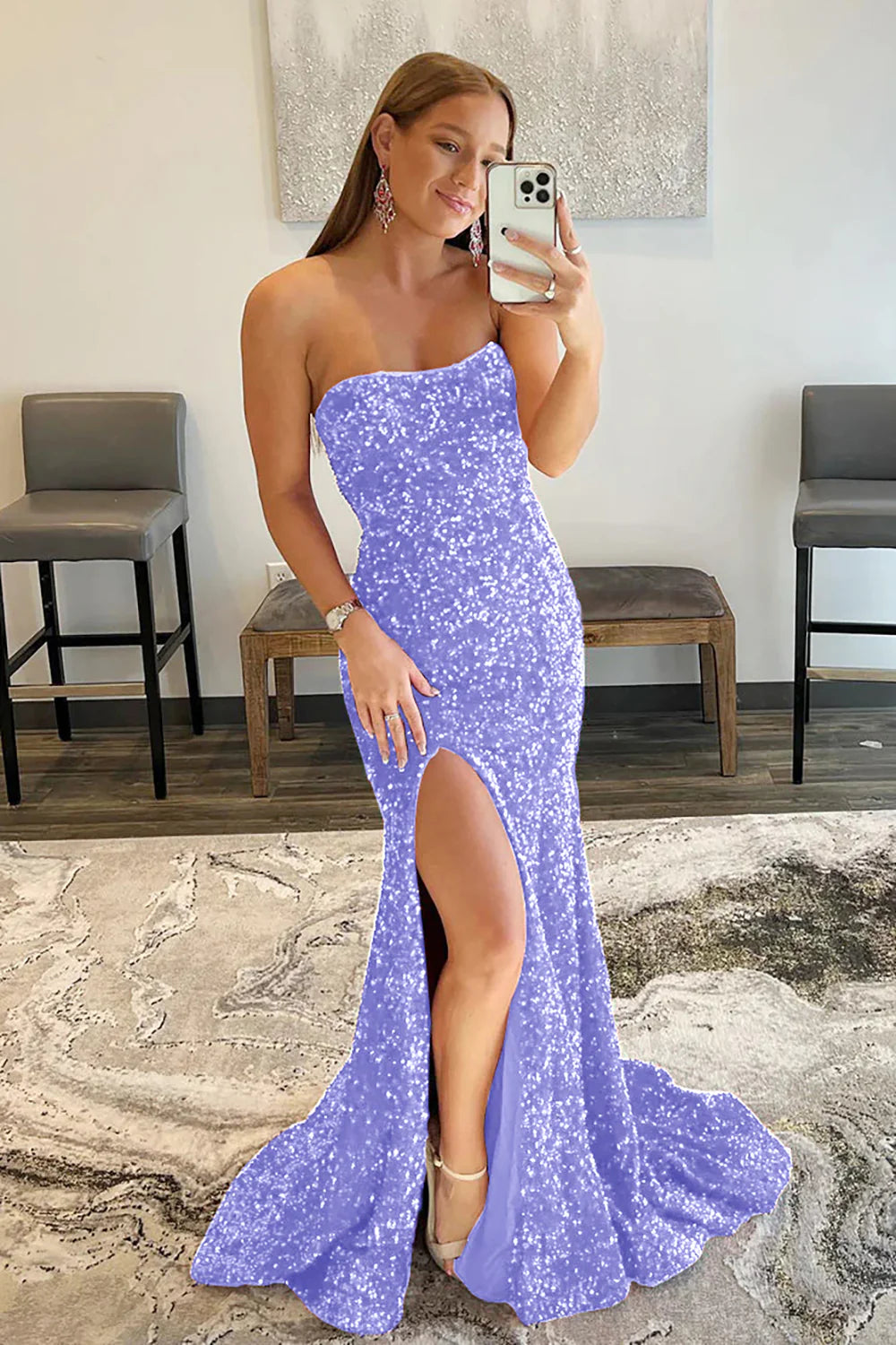 Mermaid Sequins Strapless Long Prom Dress With Slit