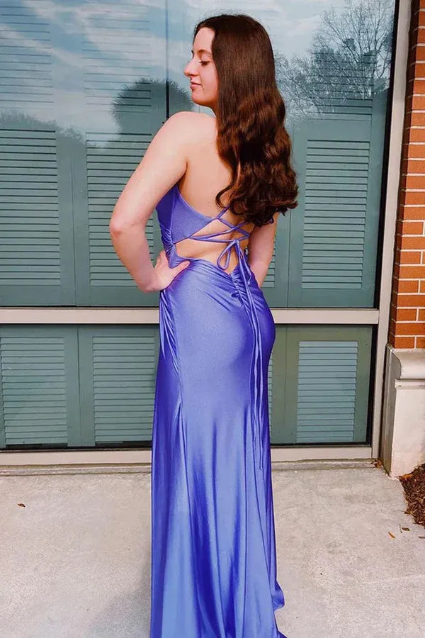 Lavender Spaghetti Strap Cutout Criss Cross Back High Slit Satin Mermaid Prom Dress