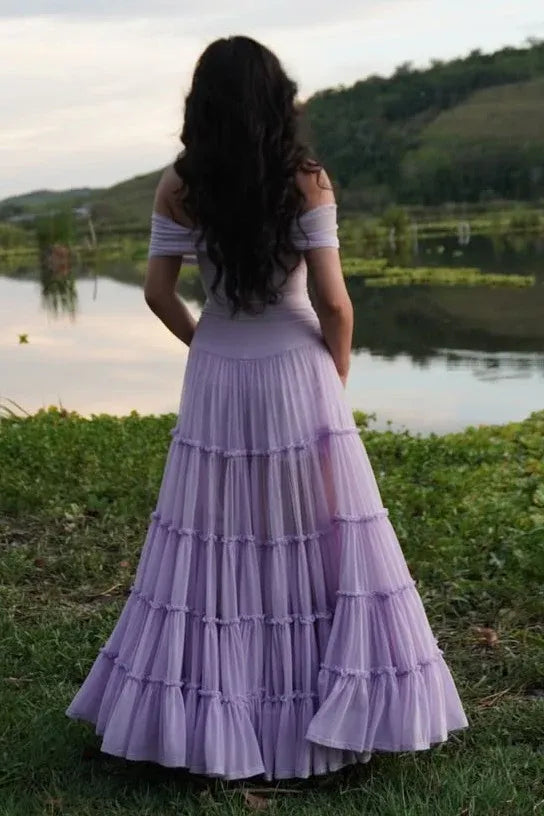 Lavender Off Shoulder Tiered Ruffle Chiffon Maxi Dress