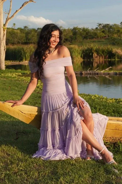 Lavender Off Shoulder Tiered Ruffle Chiffon Maxi Dress