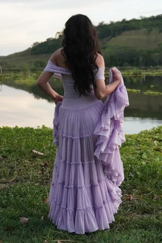 Lavender Off Shoulder Tiered Ruffle Chiffon Maxi Dress