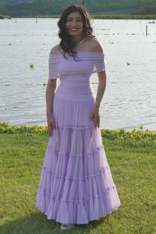 Lavender Off Shoulder Tiered Ruffle Chiffon Maxi Dress