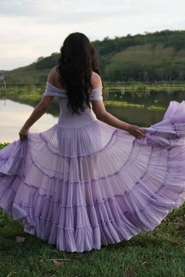 Lavender Off Shoulder Tiered Ruffle Chiffon Maxi Dress