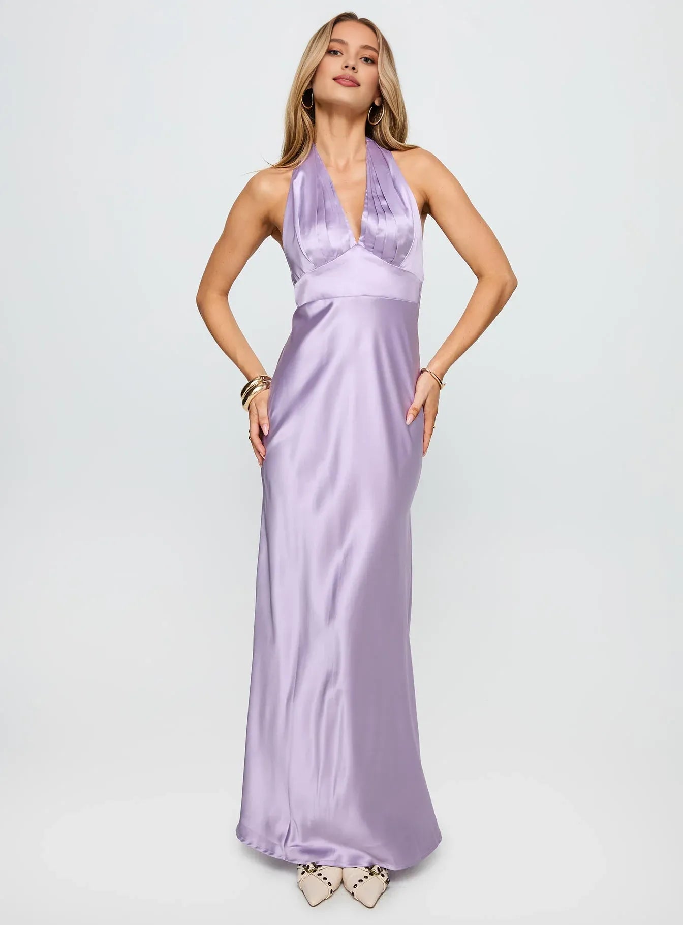 Lavender Satin Halter Neck Backless Maxi Dress Beautiful Floor Length Prom Dresses