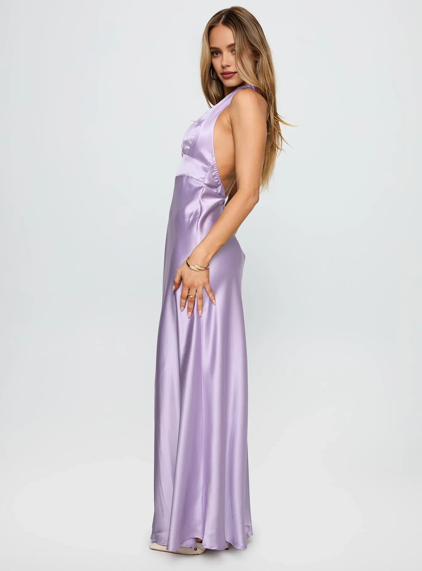 Lavender Satin Halter Neck Backless Maxi Dress Beautiful Floor Length Prom Dresses