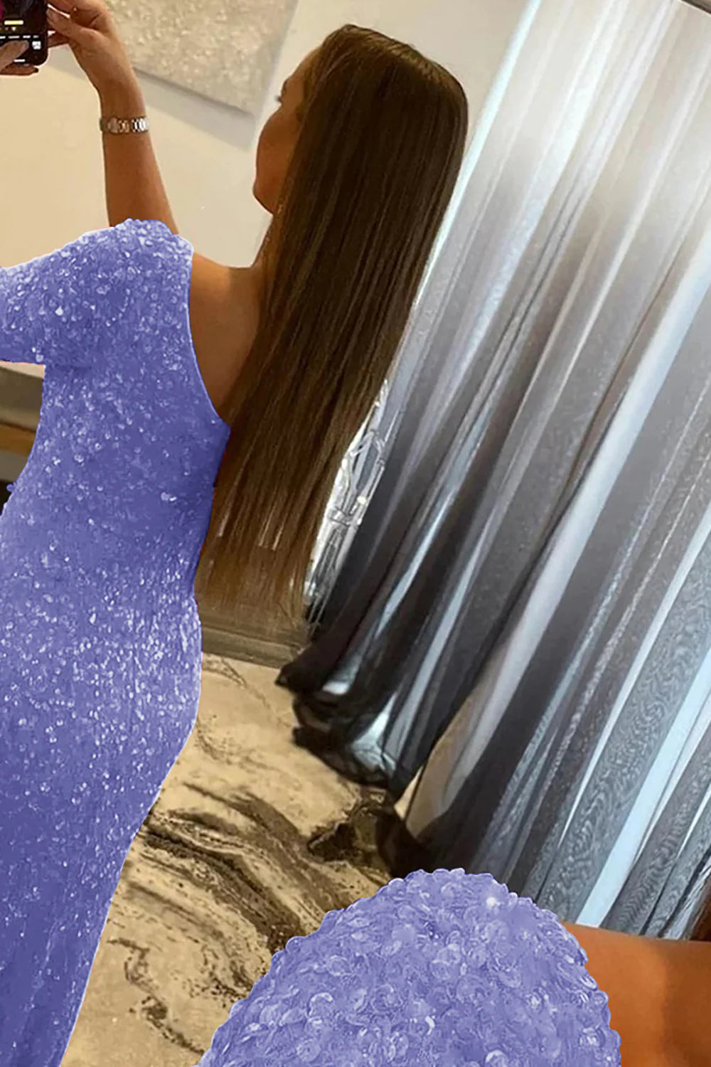 Vestido de fiesta de sirena con lentejuelas, manga corta y un solo hombro