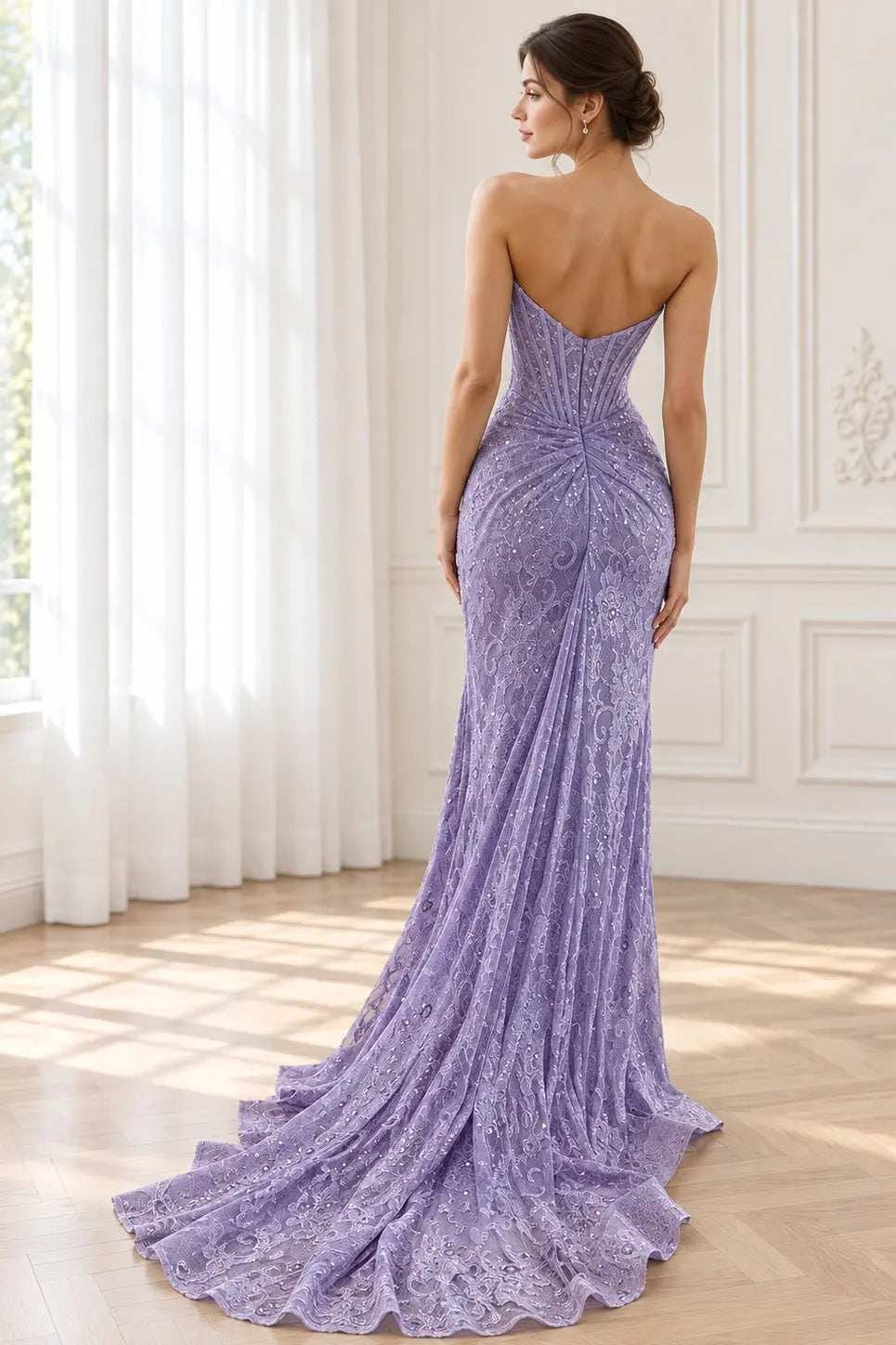 Lavender Sequin Lace Sheath Sweetheart V-Back Floor-Length Dress