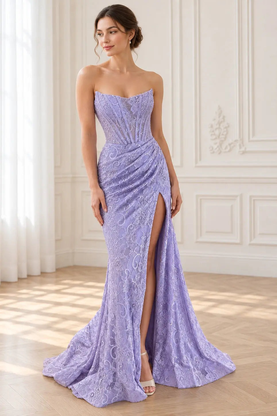 Lavender Sequin Lace Sheath Sweetheart V-Back Floor-Length Dress