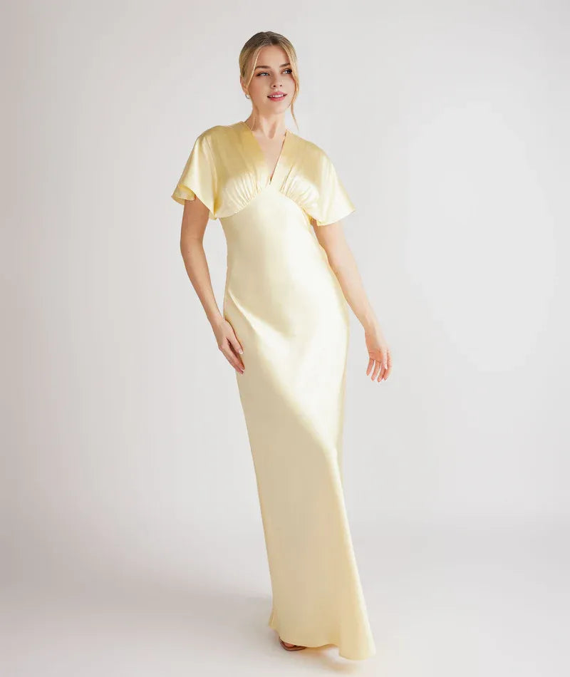 Weitese Dress Deep V Neck Batwing Satin Bridesmaid Dress Champagne Pleated Solid Color Fashion Prom Dress