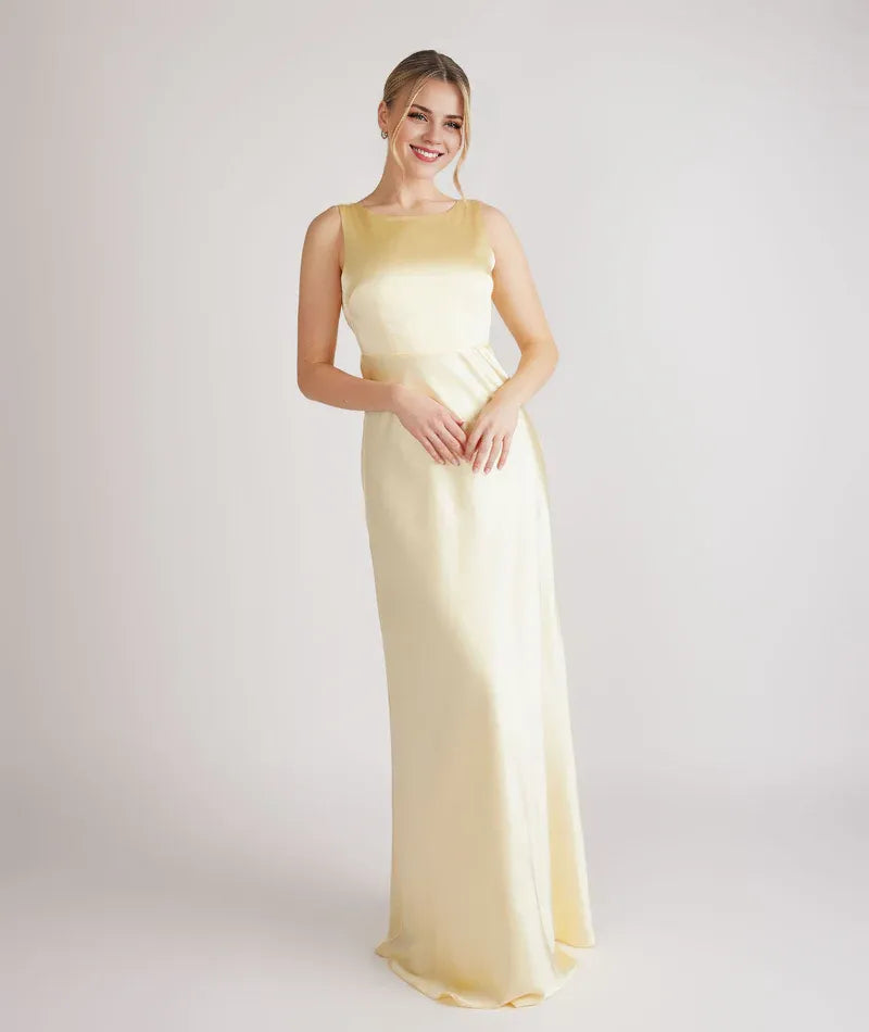Weitese Dress Fashion Cowl Back Satin Bridesmaid Dress Maxi Dress Solid Color Champagne Boat Neck Sleeveless Prom Dress