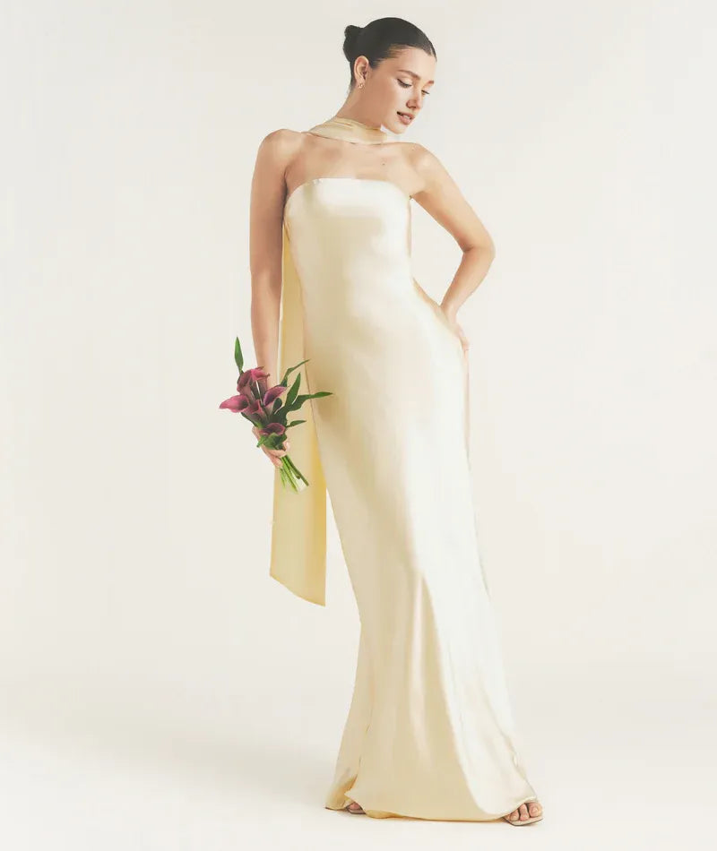 Weitese Dress Fashion Strapless Neck Satin Bridesmaid Dress Maxi Dress Backless Solid Color Sleeveless Prom Dress With Scarf