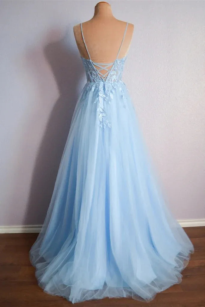 Light Sky Blue Spaghetti Strap Lace Corset Criss Cross Back A-Line Tulle Prom Dress