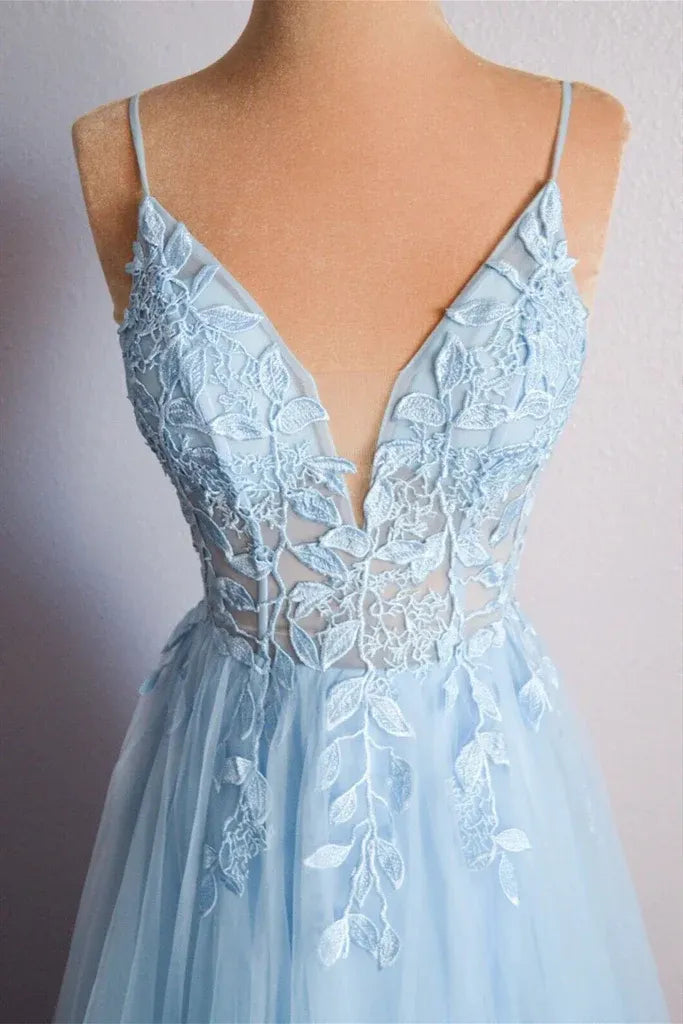 Light Sky Blue Spaghetti Strap Lace Corset Criss Cross Back A-Line Tulle Prom Dress