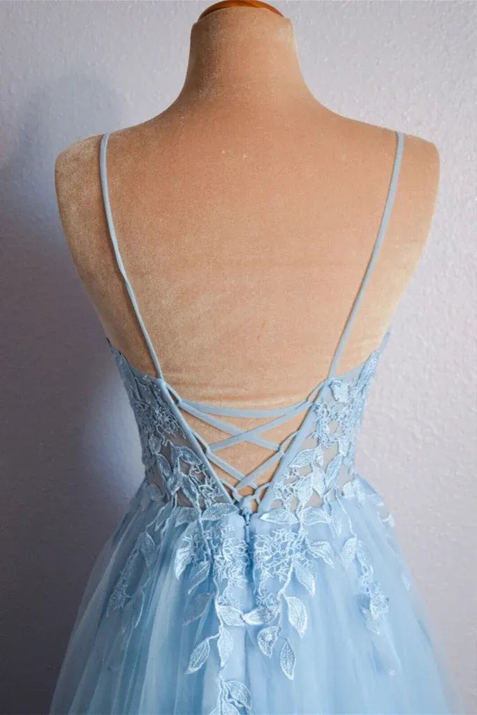 Light Sky Blue Spaghetti Strap Lace Corset Criss Cross Back A-Line Tulle Prom Dress