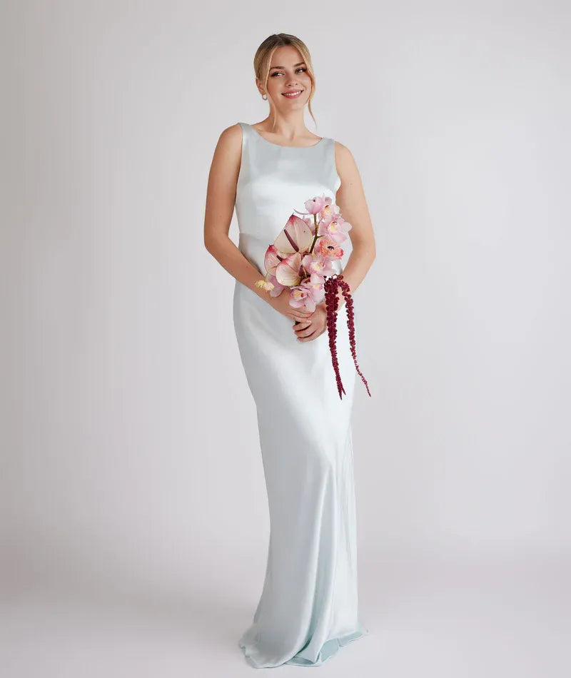 Weitese Dress Fashion Cowl Back Satin Bridesmaid Dress Maxi Dress Solid Color Champagne Boat Neck Sleeveless Prom Dress