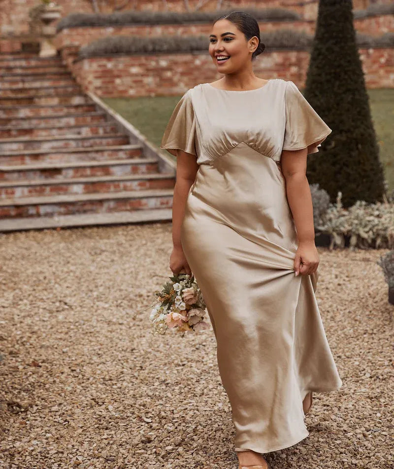 Weitese Dress Fashion Gathered Bust Satin Bridesmaid Dress Maxi Dress Solid Color Champagne Flutter Sleeve Column Prom Dress