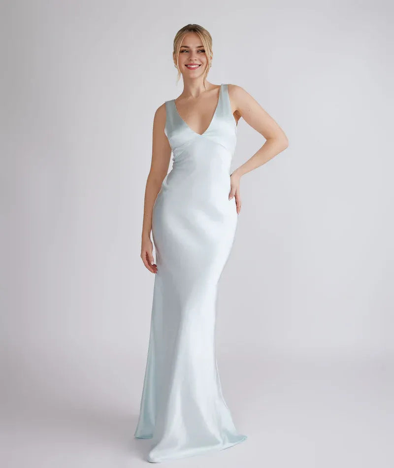 Weitese Dress Fashion Twist Back Satin Bridesmaid Dress Maxi Dress Solid Color Champagne Deep V Neck Column Prom Dress