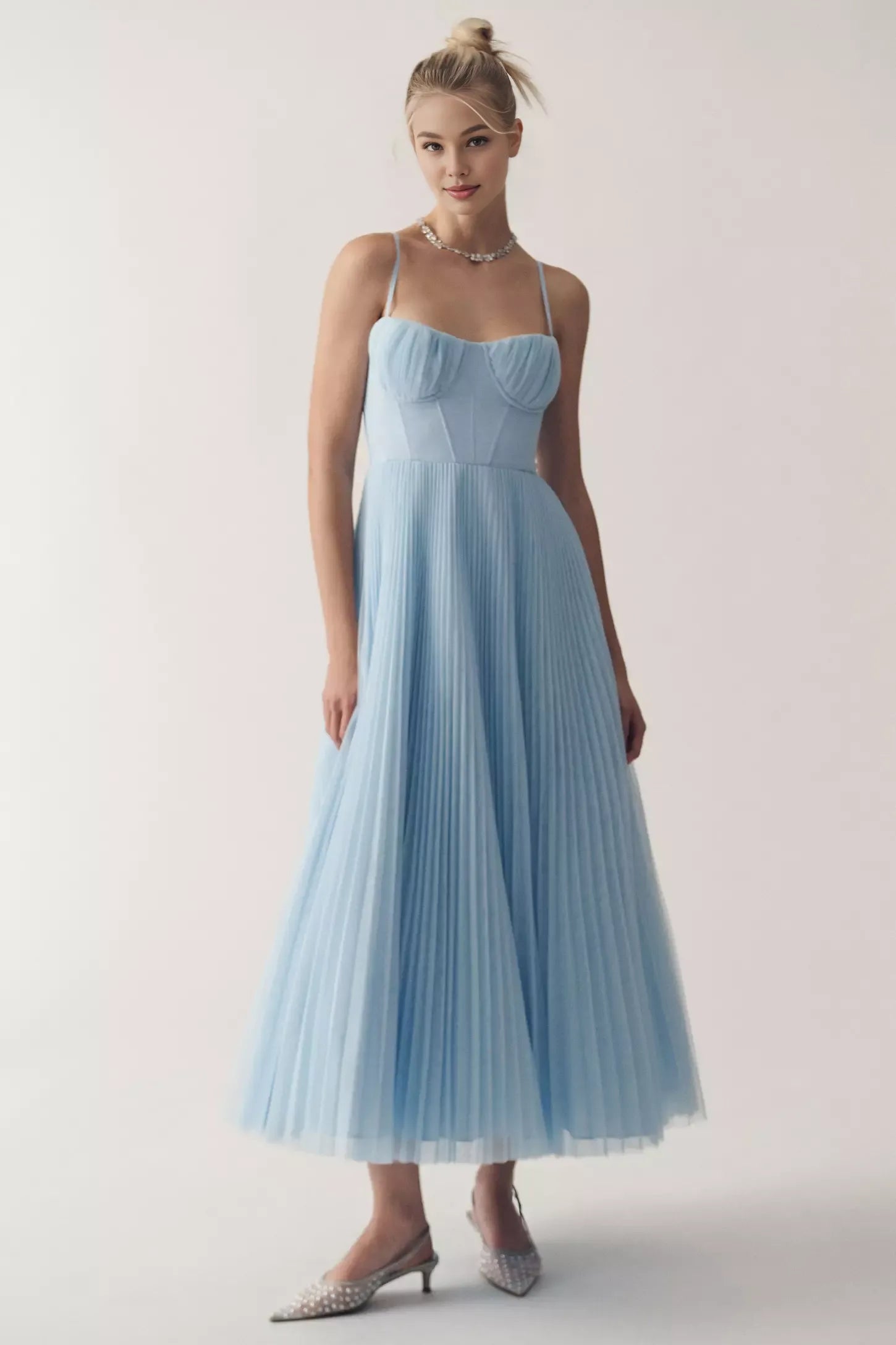 Robe Weitese Corset plissée en tulle, robe mi-longue ajustée et évasée à bretelles spaghetti, robe de bal trapèze bleue 
