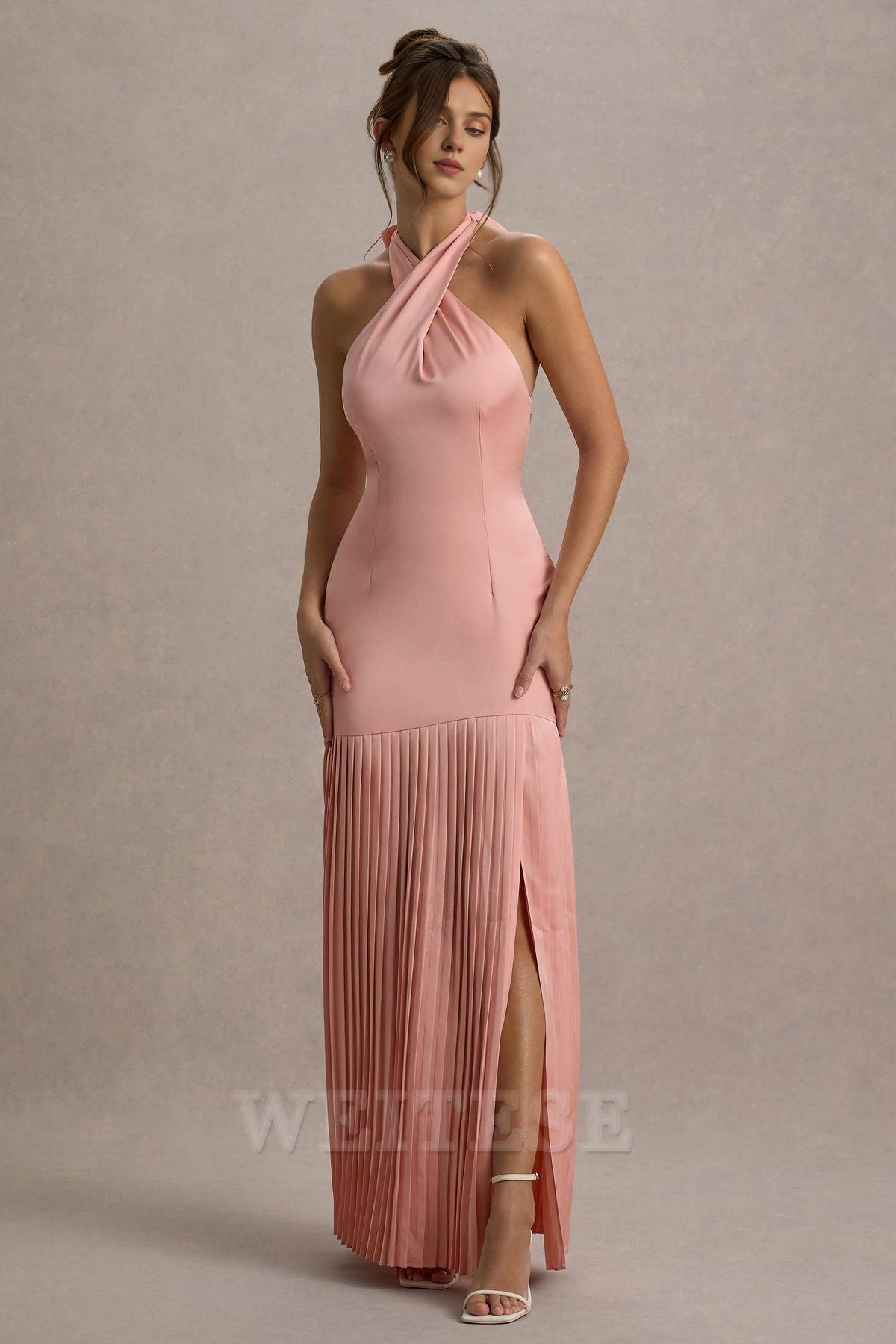 Robe Weitese bordeaux en satin croisé, col licou, robe longue plissée, robe de bal, robe de demoiselle d'honneur à lacets, sans manches, ourlet fendu 