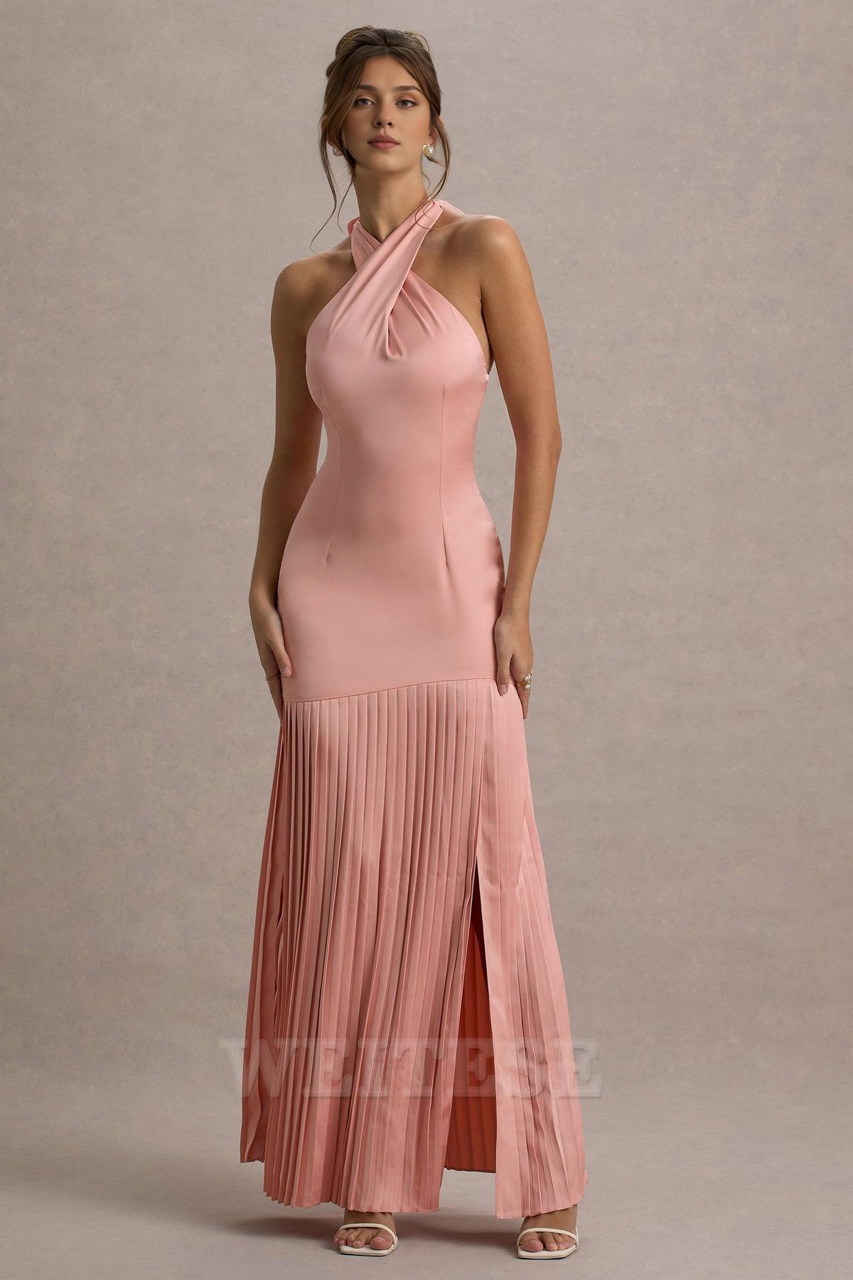 Robe Weitese bordeaux en satin croisé, col licou, robe longue plissée, robe de bal, robe de demoiselle d'honneur à lacets, sans manches, ourlet fendu 