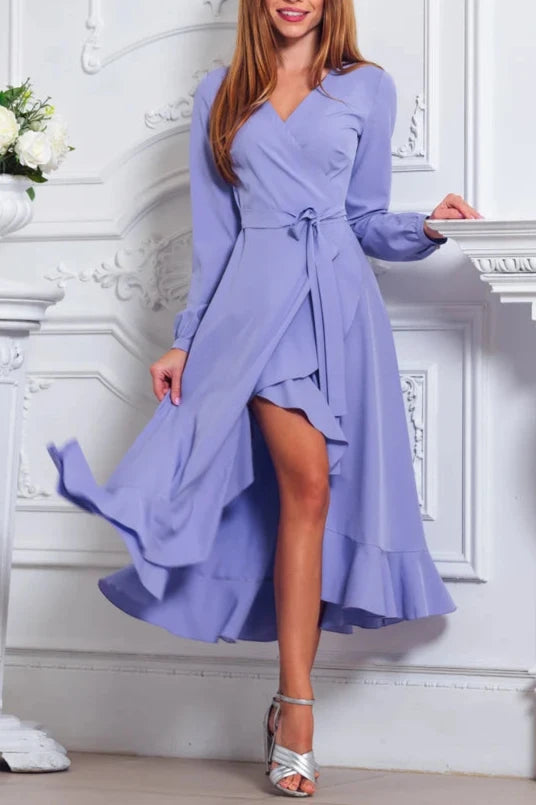 Light Purple Chic V Neck Tea-Length A-line Long Sleeves Bridesmaid Party Prom Evening Dress
