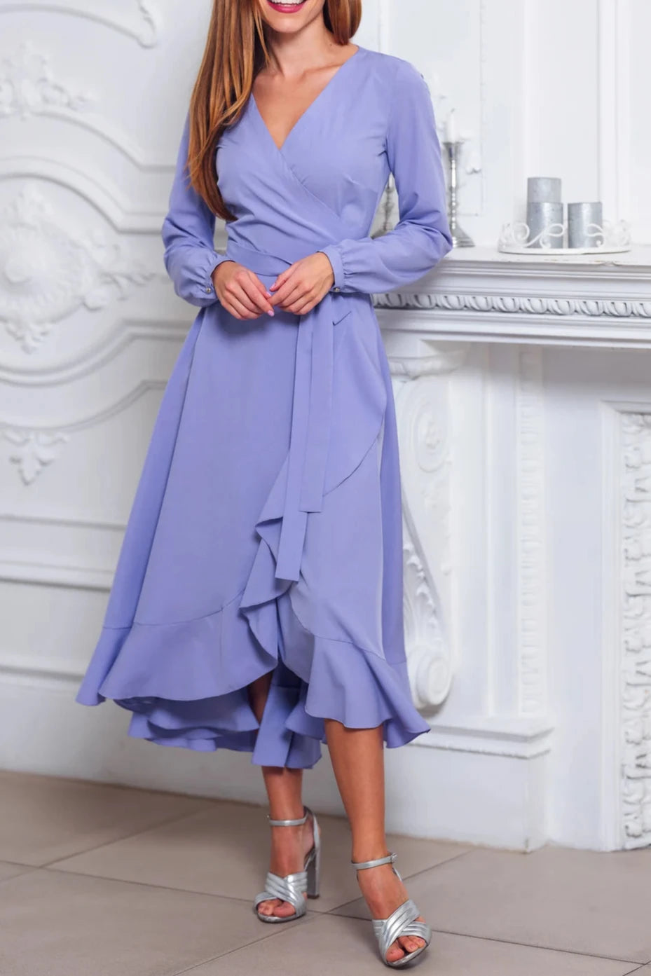 Light Purple Chic V Neck Tea-Length A-line Long Sleeves Bridesmaid Party Prom Evening Dress