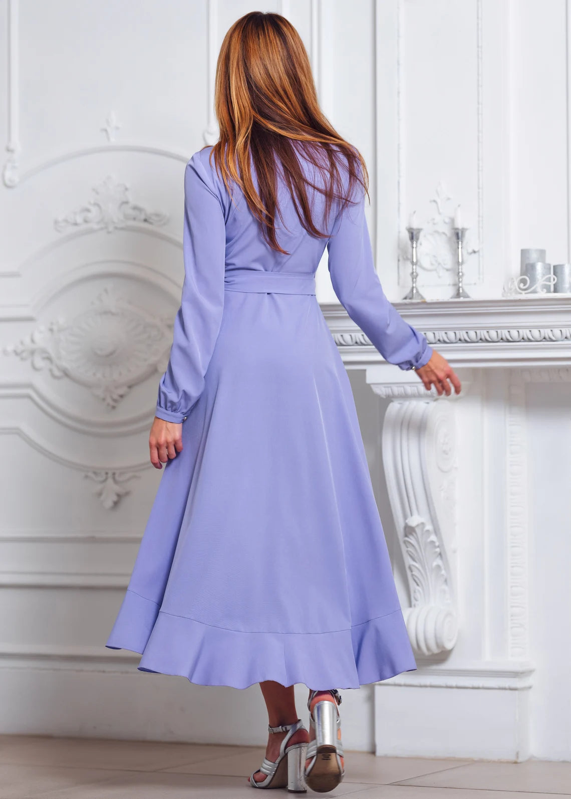 Light Purple Chic V Neck Tea-Length A-line Long Sleeves Bridesmaid Party Prom Evening Dress