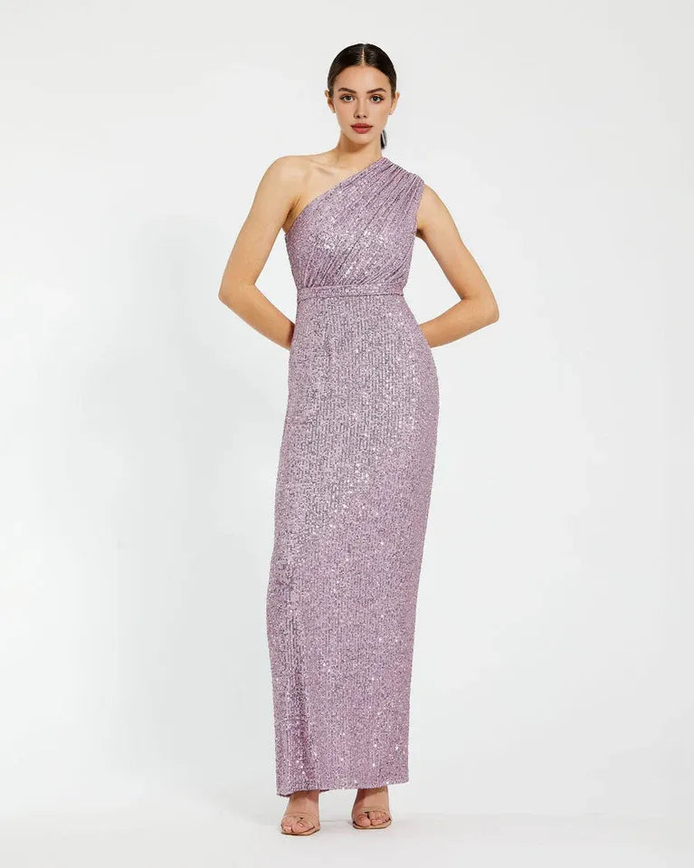 Vestido elegante de lentejuelas moradas de Weitese, vestido de un solo hombro con cintura acentuada que irradia glamour encantador, vestido de fiesta. 