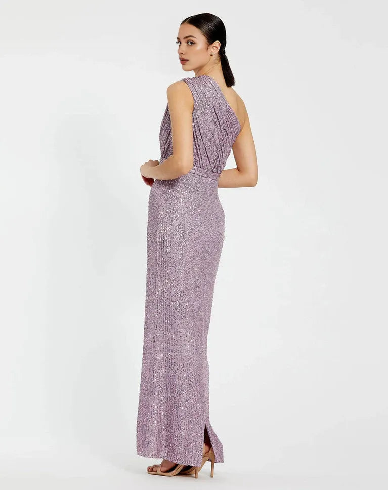 Vestido elegante de lentejuelas moradas de Weitese, vestido de un solo hombro con cintura acentuada que irradia glamour encantador, vestido de fiesta. 