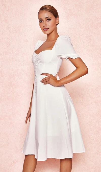 Linen Puff Sleeve Prom Dress With Square