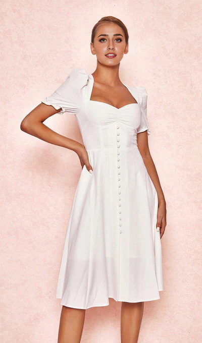 Linen Puff Sleeve Prom Dress With Square