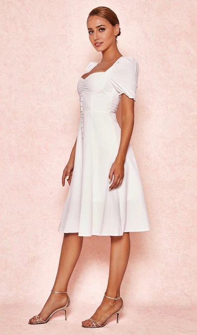 Linen Puff Sleeve Prom Dress With Square