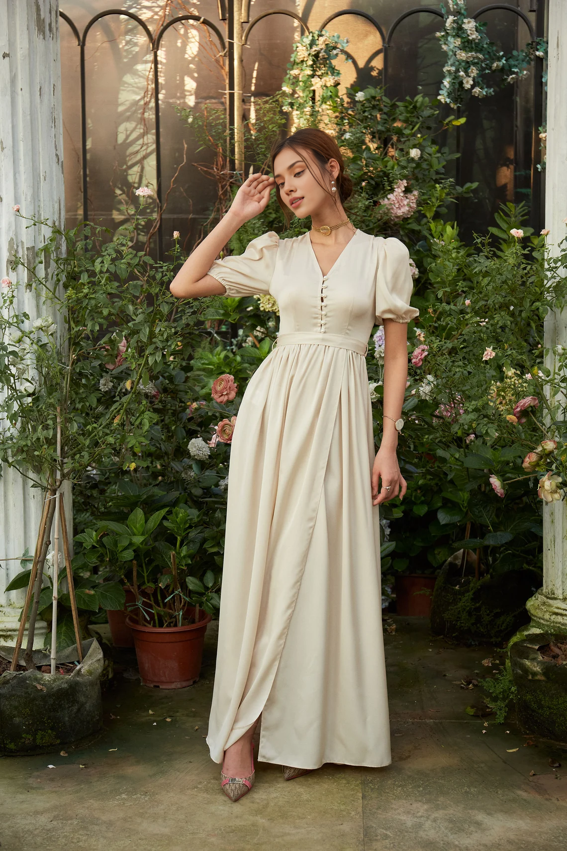 Robe longue trapèze vintage, robe de bal, robe de soirée d'été, robe de mariée, robe de demoiselle d'honneur, robe de fiançailles, bouton de perles, manches courtes 