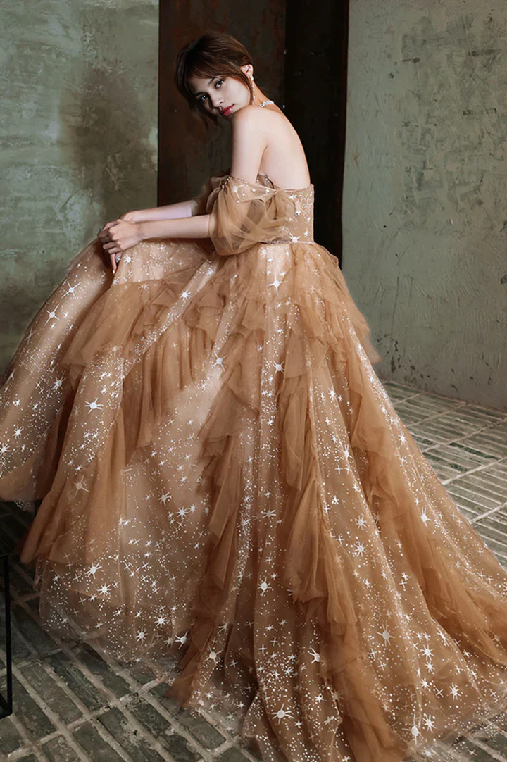 Weitese Formal Women's Dresses Strapless Tulle Long Prom Dress A Line Formal Shiny Evening Gown Prom Dresses Stores