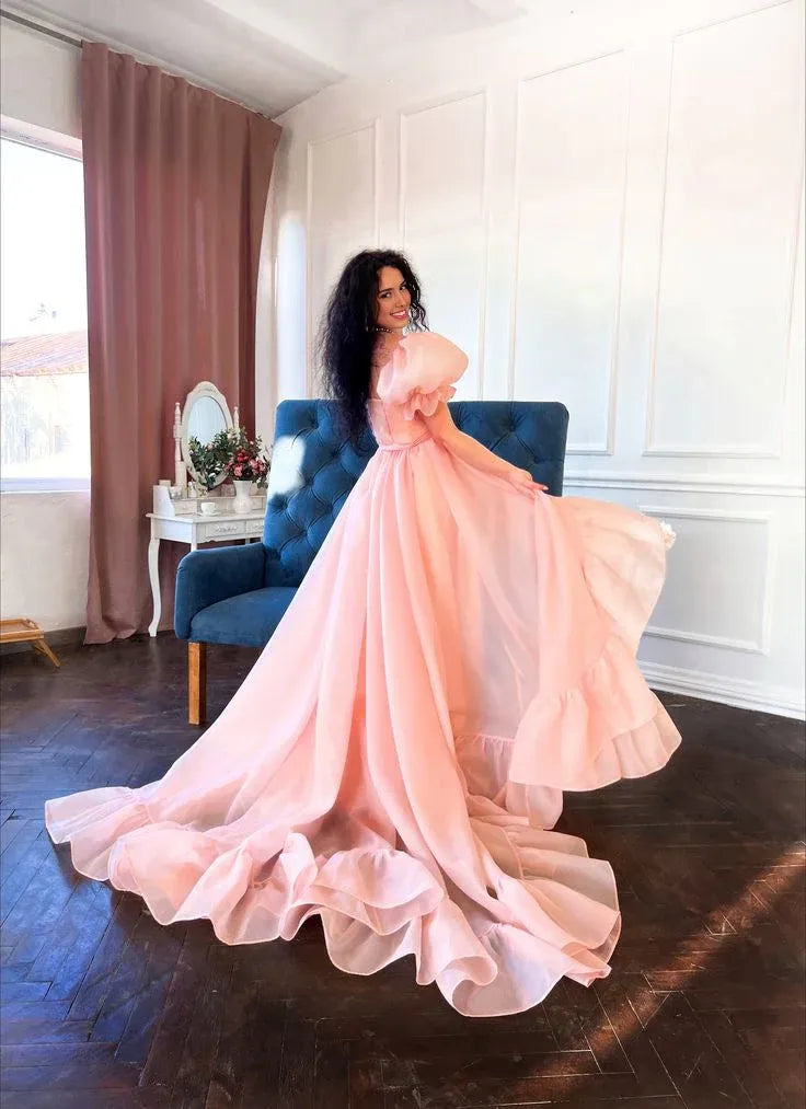 Robe de soirée longue rose en organza pour femme, coupe trapèze, tenue de bal, de fiançailles, à manches bouffantes 